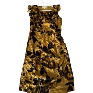 Benson 100% Silk Ruffle Dress Size 10 Gold Black Floral Sleeveless Shift!
